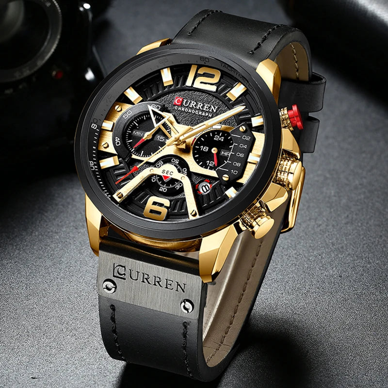 CURREN Casual Sport Watch for Men, Luxury Military Leather Chronograph Wristwatch