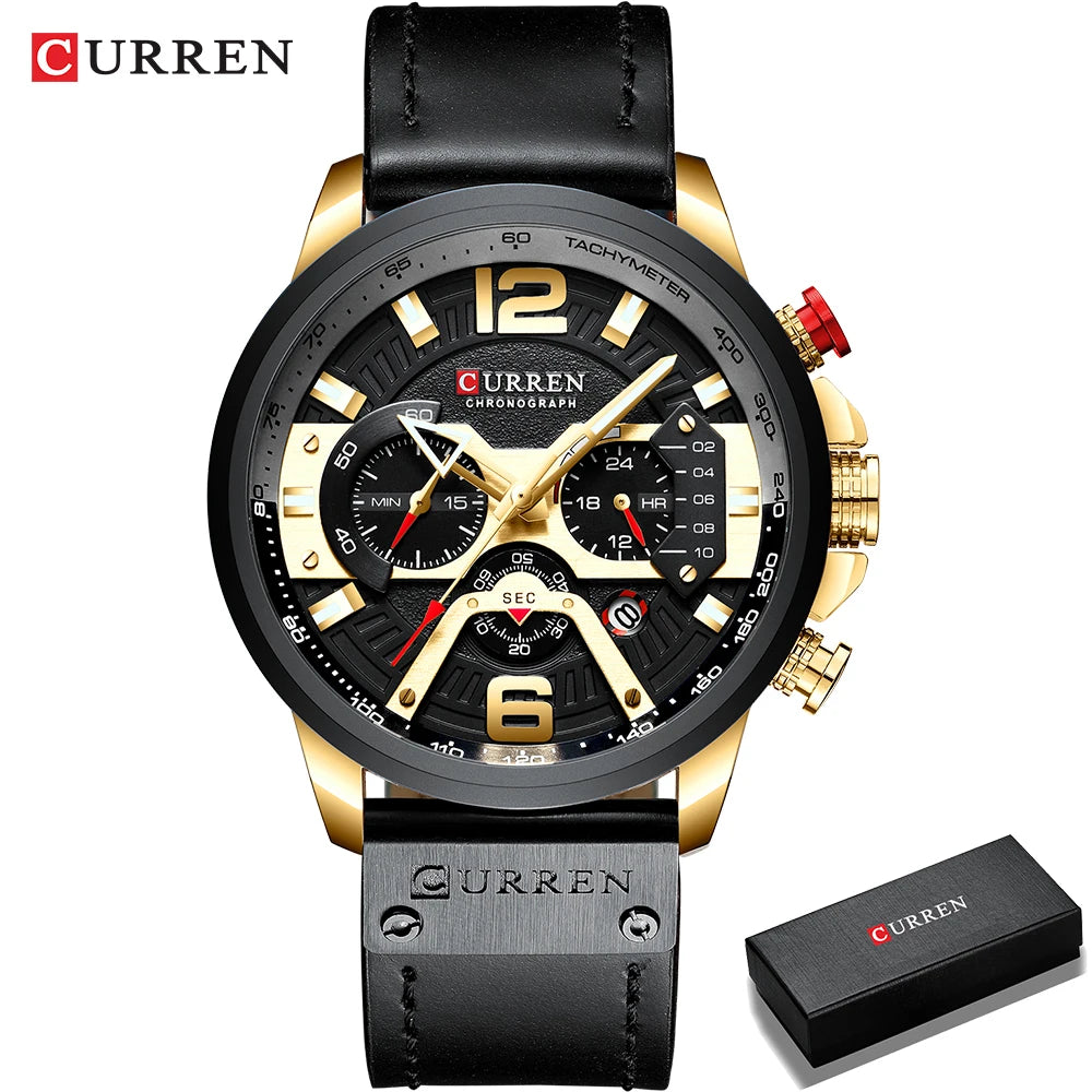 CURREN Casual Sport Watch for Men, Luxury Military Leather Chronograph Wristwatch