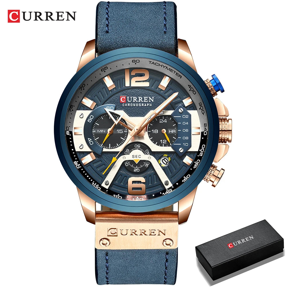 CURREN Casual Sport Watch for Men, Luxury Military Leather Chronograph Wristwatch