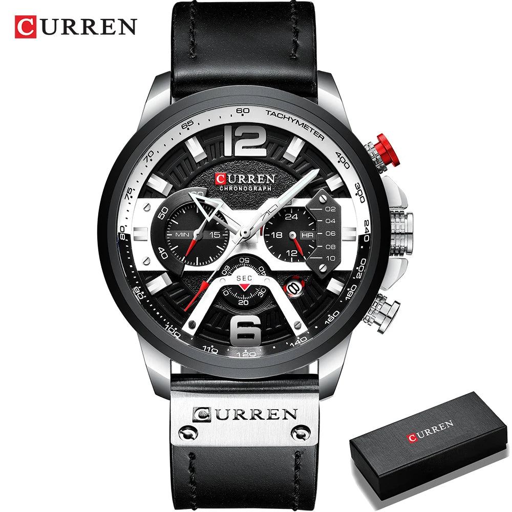 CURREN Casual Sport Watch for Men, Luxury Military Leather Chronograph Wristwatch