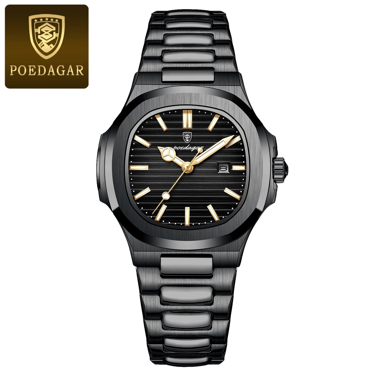 POEDAGAR Luxury Square Watch for Ladies Waterproof, Luminous, Date, Stainless Steel Quart.