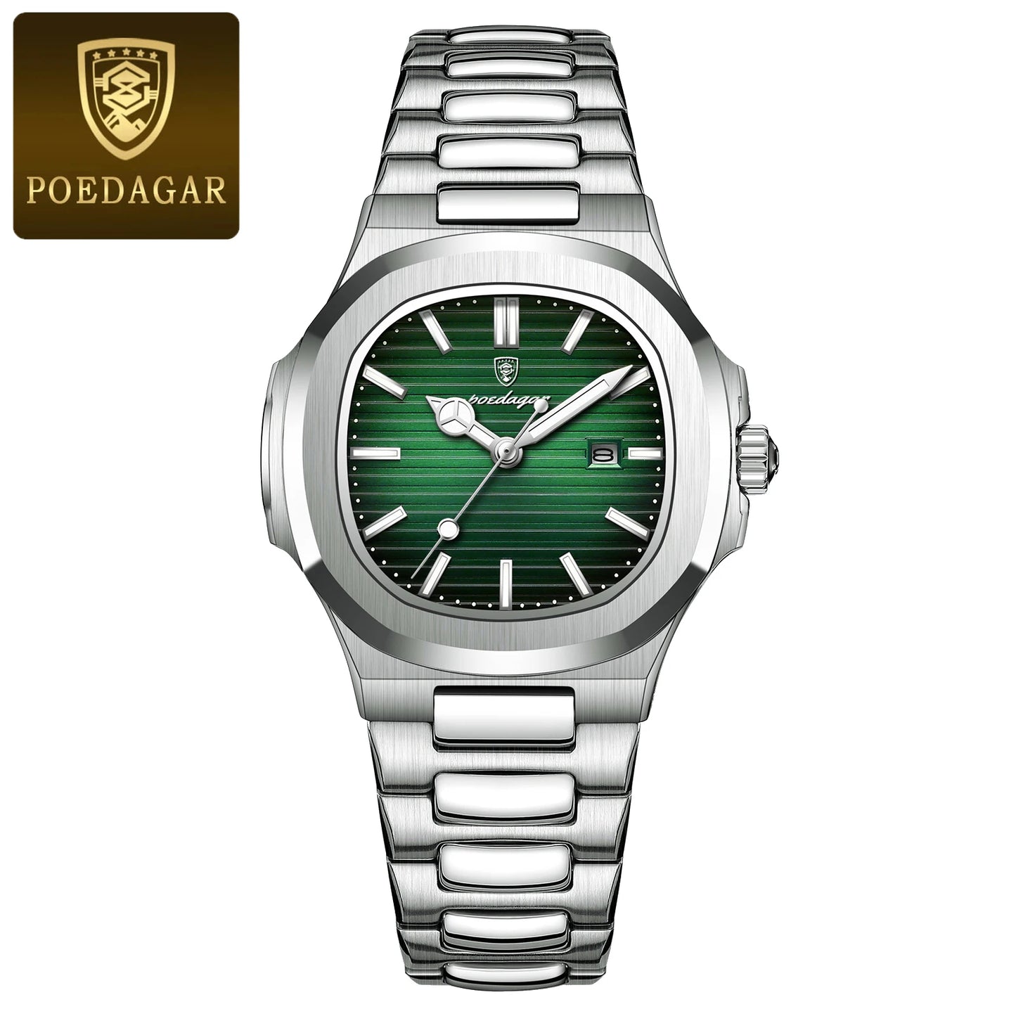 POEDAGAR Luxury Square Watch for Ladies Waterproof, Luminous, Date, Stainless Steel Quart.
