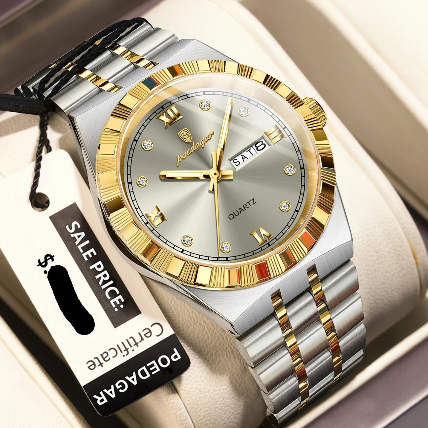 POEDAGAR Original Military Man Wristwatch Quartz Week, Date, Waterproof, Luminous Stainless Steel.