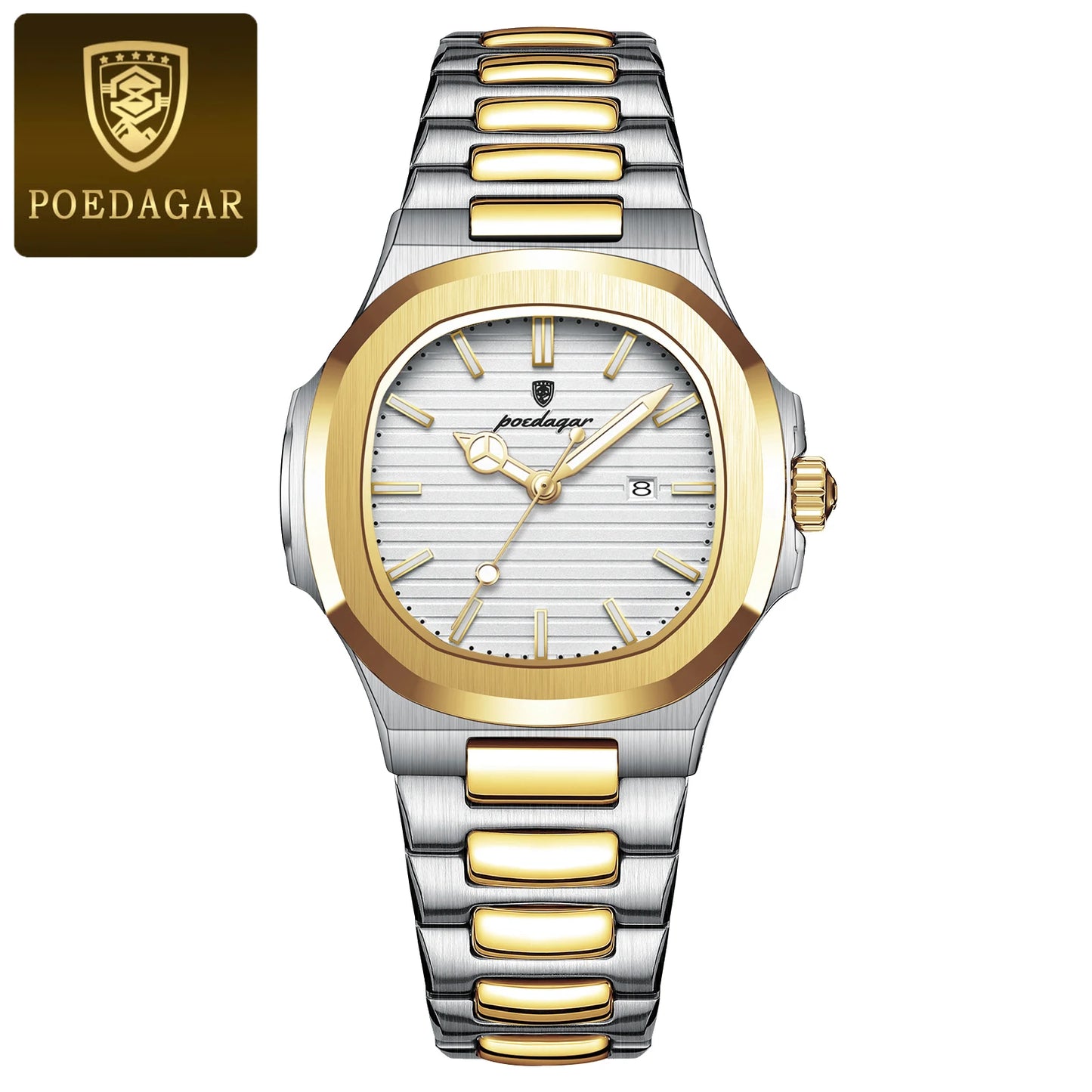 POEDAGAR Luxury Square Watch for Ladies Waterproof, Luminous, Date, Stainless Steel Quart.