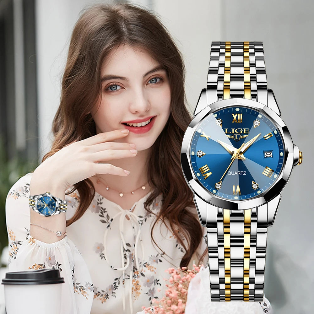 LIGE Top Luxury Elegant Watch for Women Waterproof, Luminous, Date, Stainless Steel Quartz
