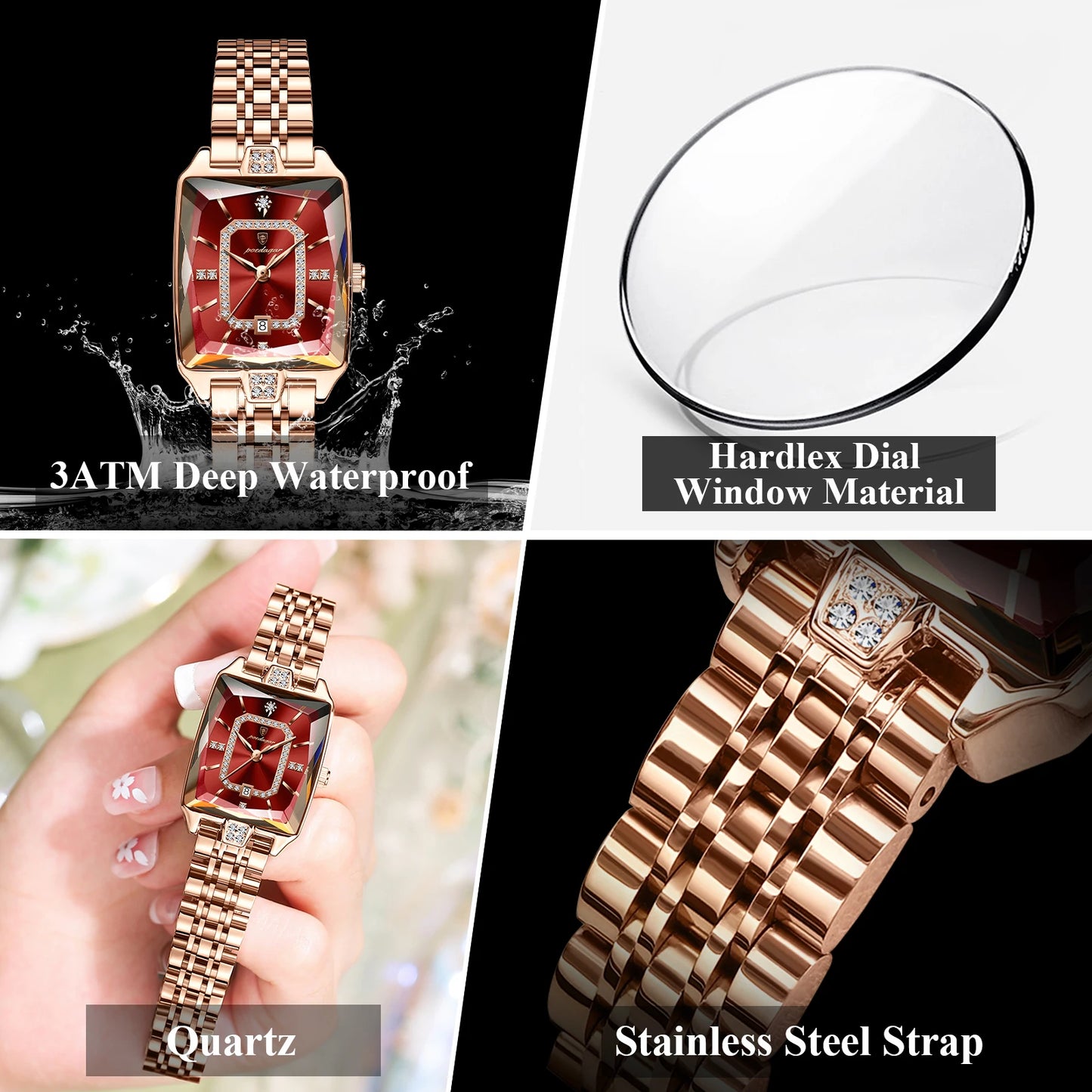 POEDAGAR Top Elegant Women Wristwatch Waterproof, Date, Stainless Steel Rectangle Quartz.