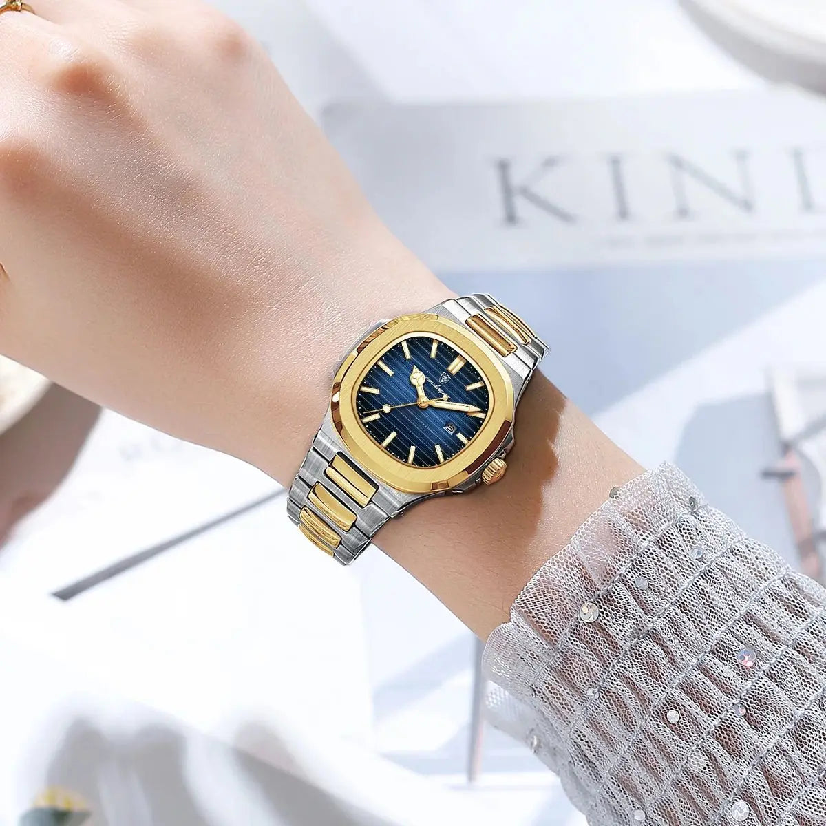 POEDAGAR Luxury Square Watch for Ladies Waterproof, Luminous, Date, Stainless Steel Quart.