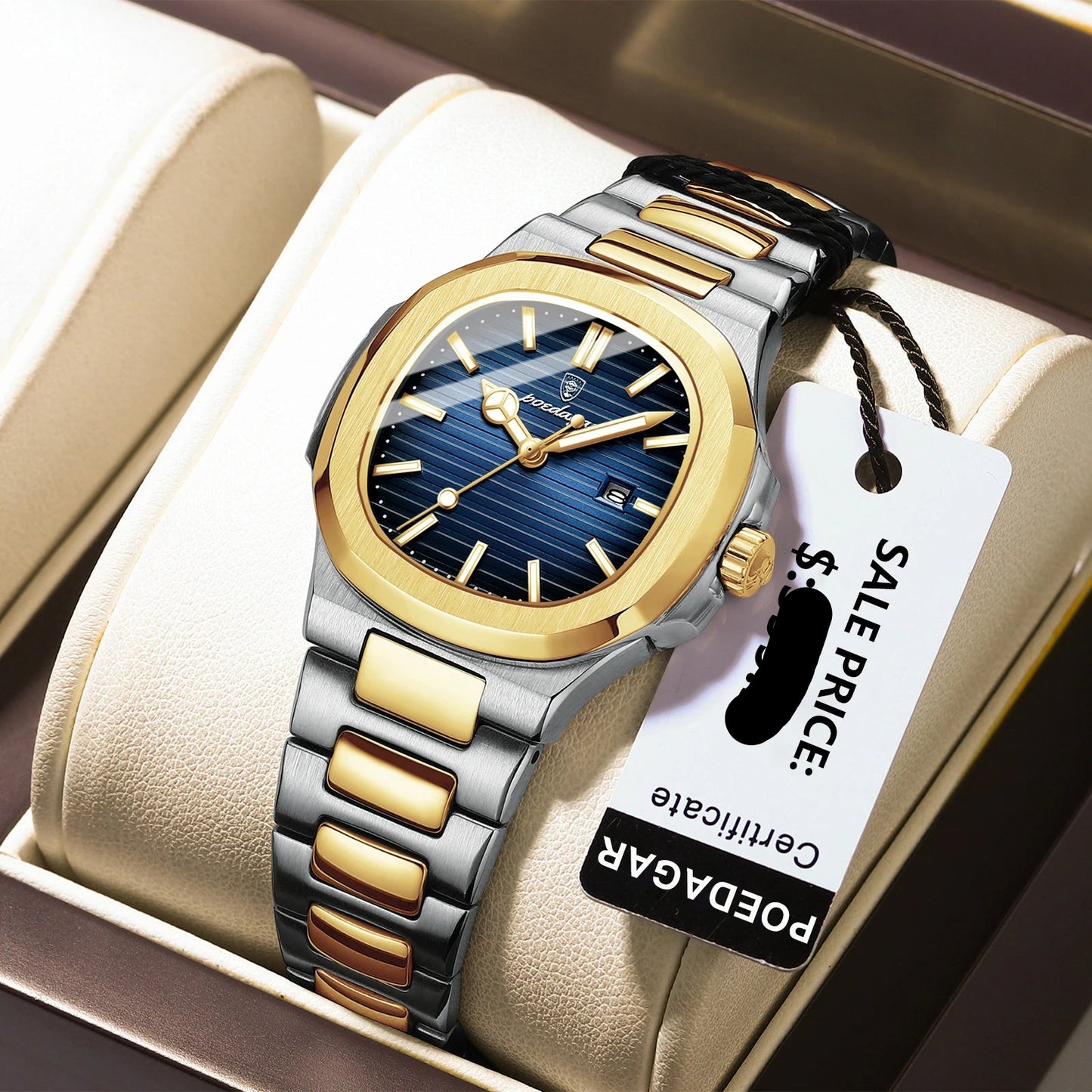 POEDAGAR Luxury Square Watch for Ladies Waterproof, Luminous, Date, Stainless Steel Quart.