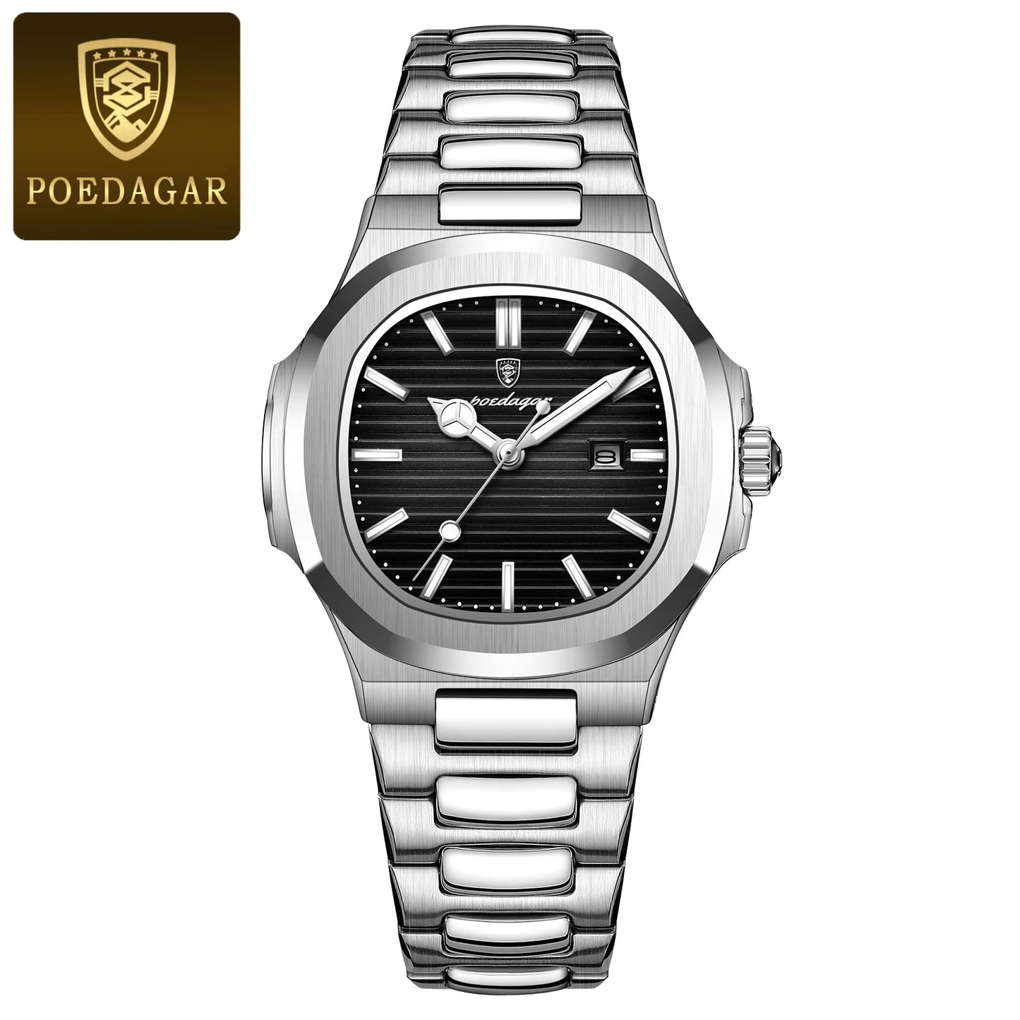 POEDAGAR Luxury Square Watch for Ladies Waterproof, Luminous, Date, Stainless Steel Quart.