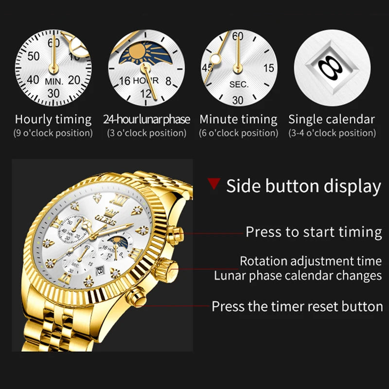 OLEVS High Watch Classic Lunar Phase Chronograph Waterproof Watch Luxury Quartz