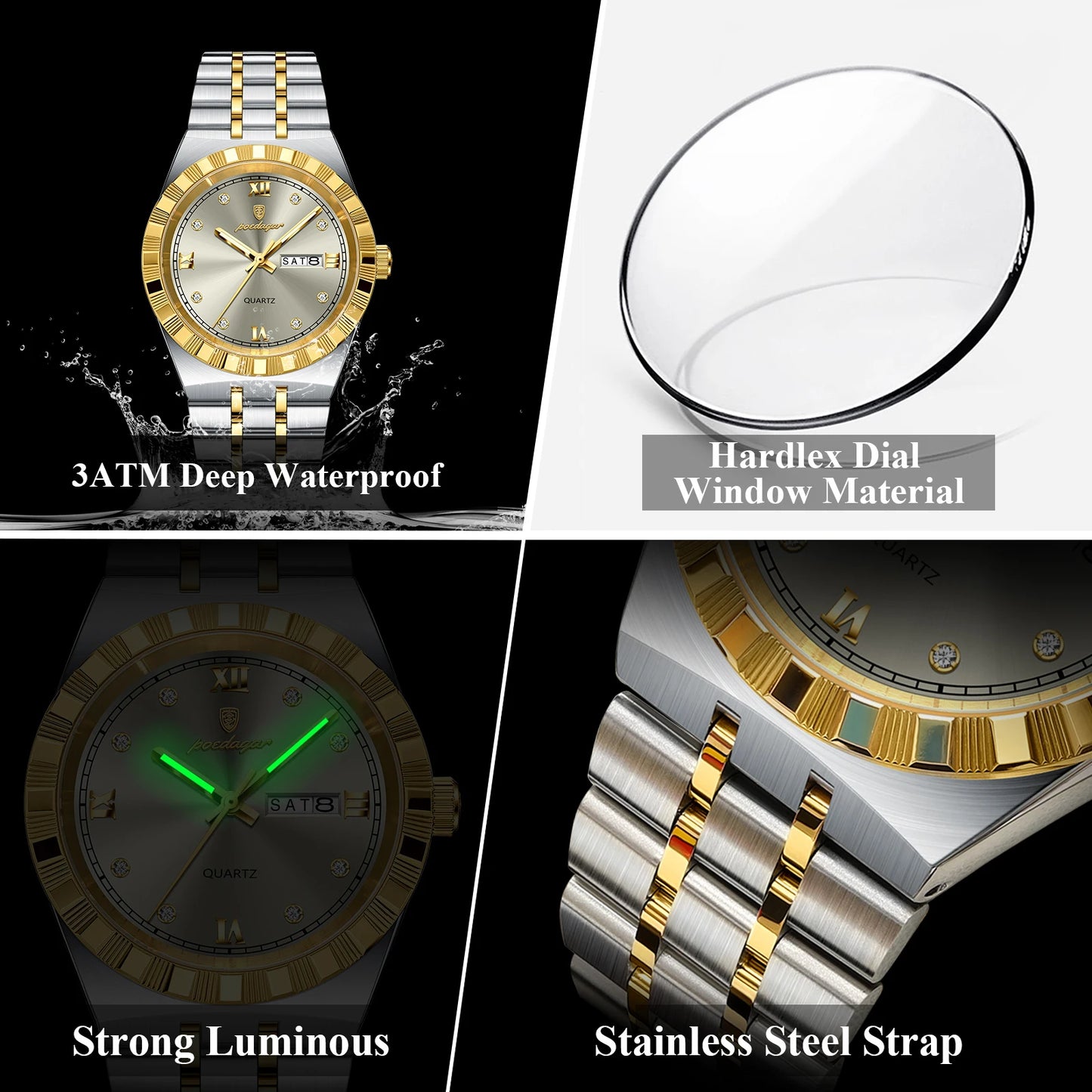 POEDAGAR Original Military Man Wristwatch Quartz Week, Date, Waterproof, Luminous Stainless Steel.
