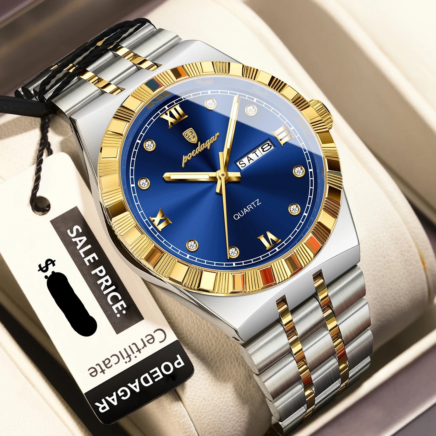 POEDAGAR Original Military Man Wristwatch Quartz Week, Date, Waterproof, Luminous Stainless Steel.