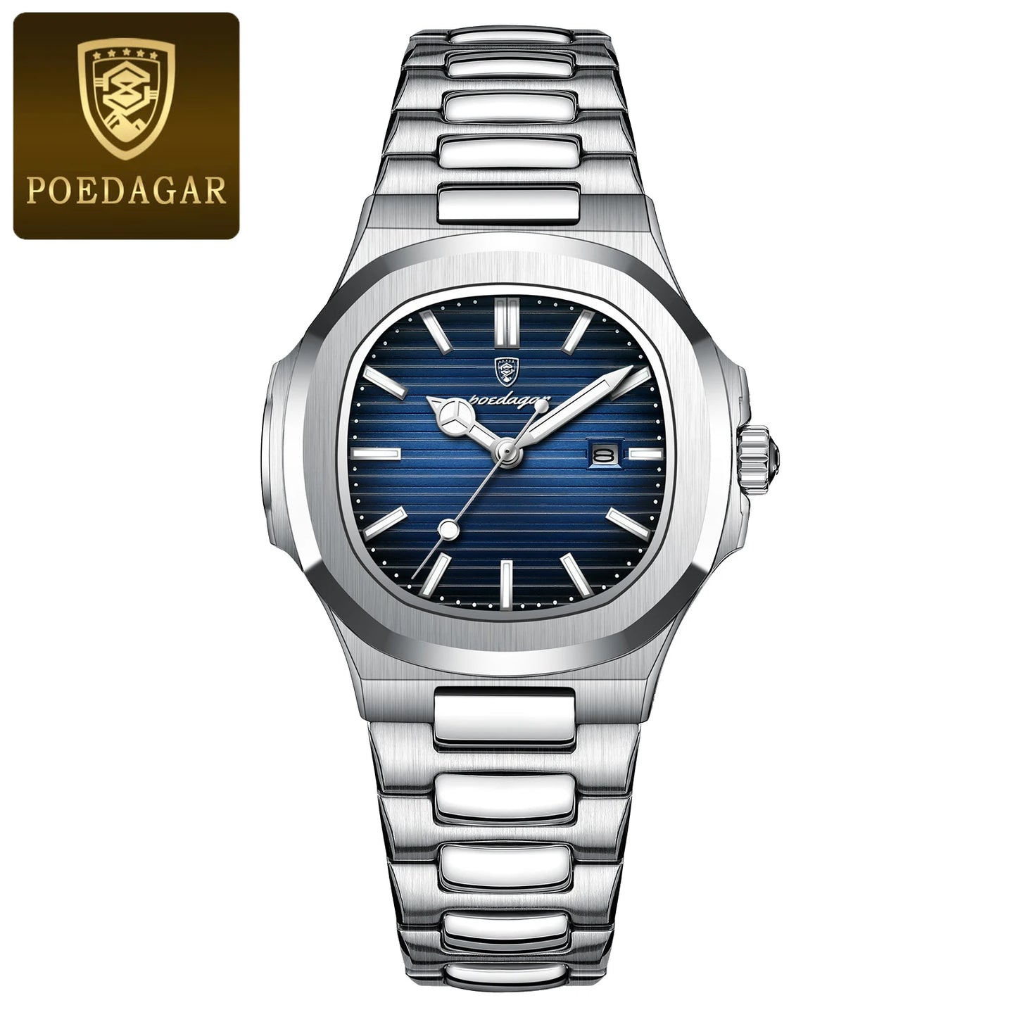 POEDAGAR Luxury Square Watch for Ladies Waterproof, Luminous, Date, Stainless Steel Quart.