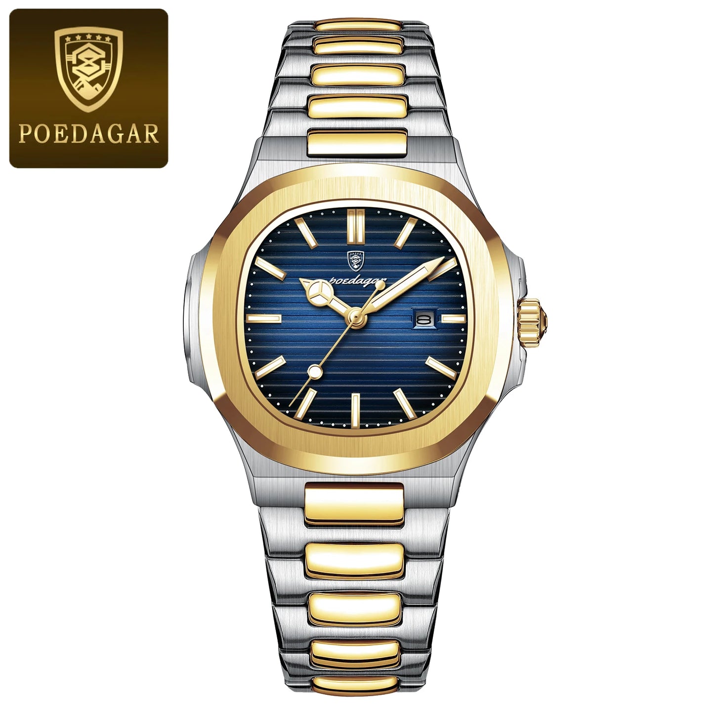 POEDAGAR Luxury Square Watch for Ladies Waterproof, Luminous, Date, Stainless Steel Quart.