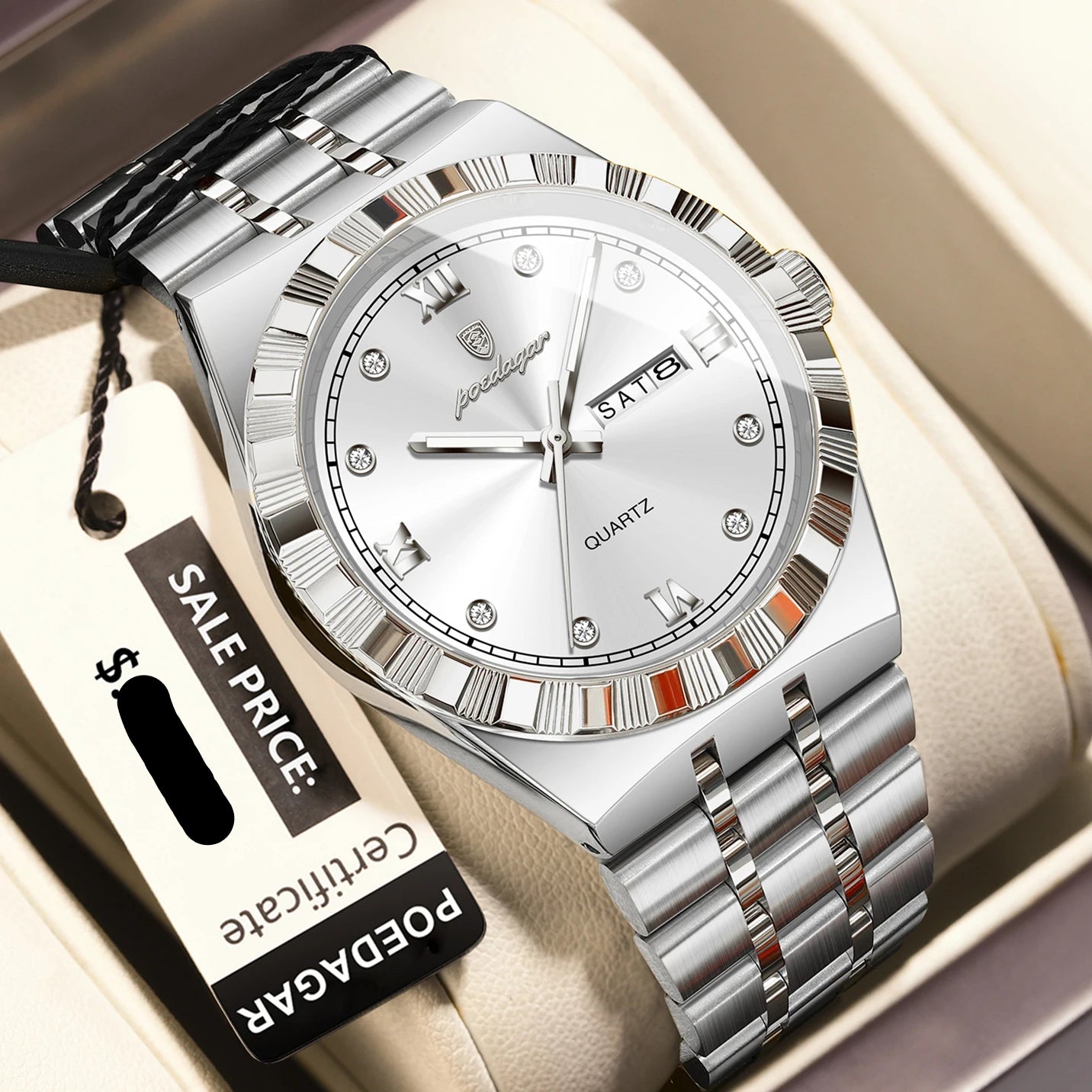 POEDAGAR Original Military Man Wristwatch Quartz Week, Date, Waterproof, Luminous Stainless Steel.