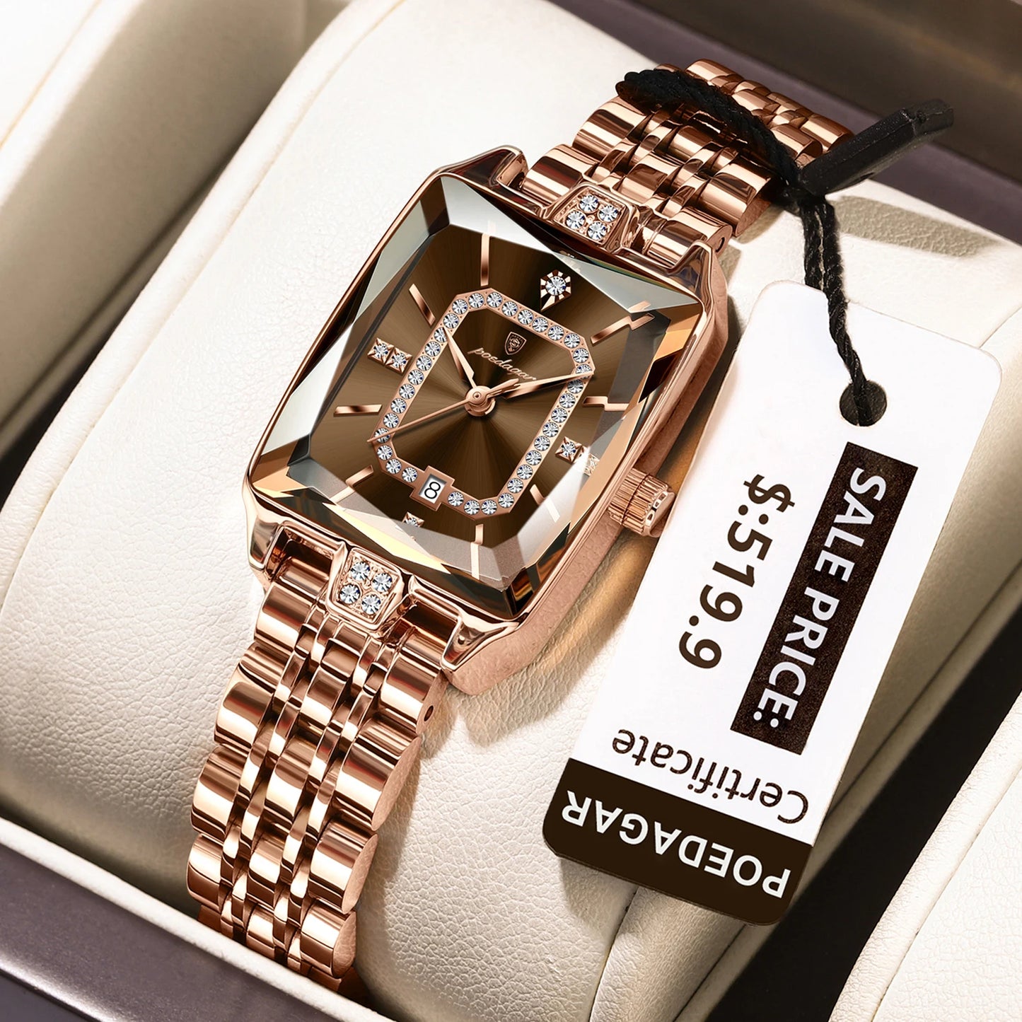 POEDAGAR Top Elegant Women Wristwatch Waterproof, Date, Stainless Steel Rectangle Quartz.