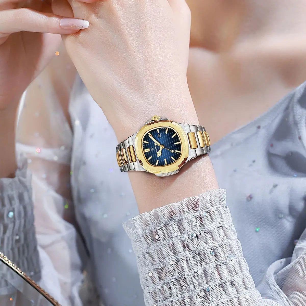 POEDAGAR Luxury Square Watch for Ladies Waterproof, Luminous, Date, Stainless Steel Quart.