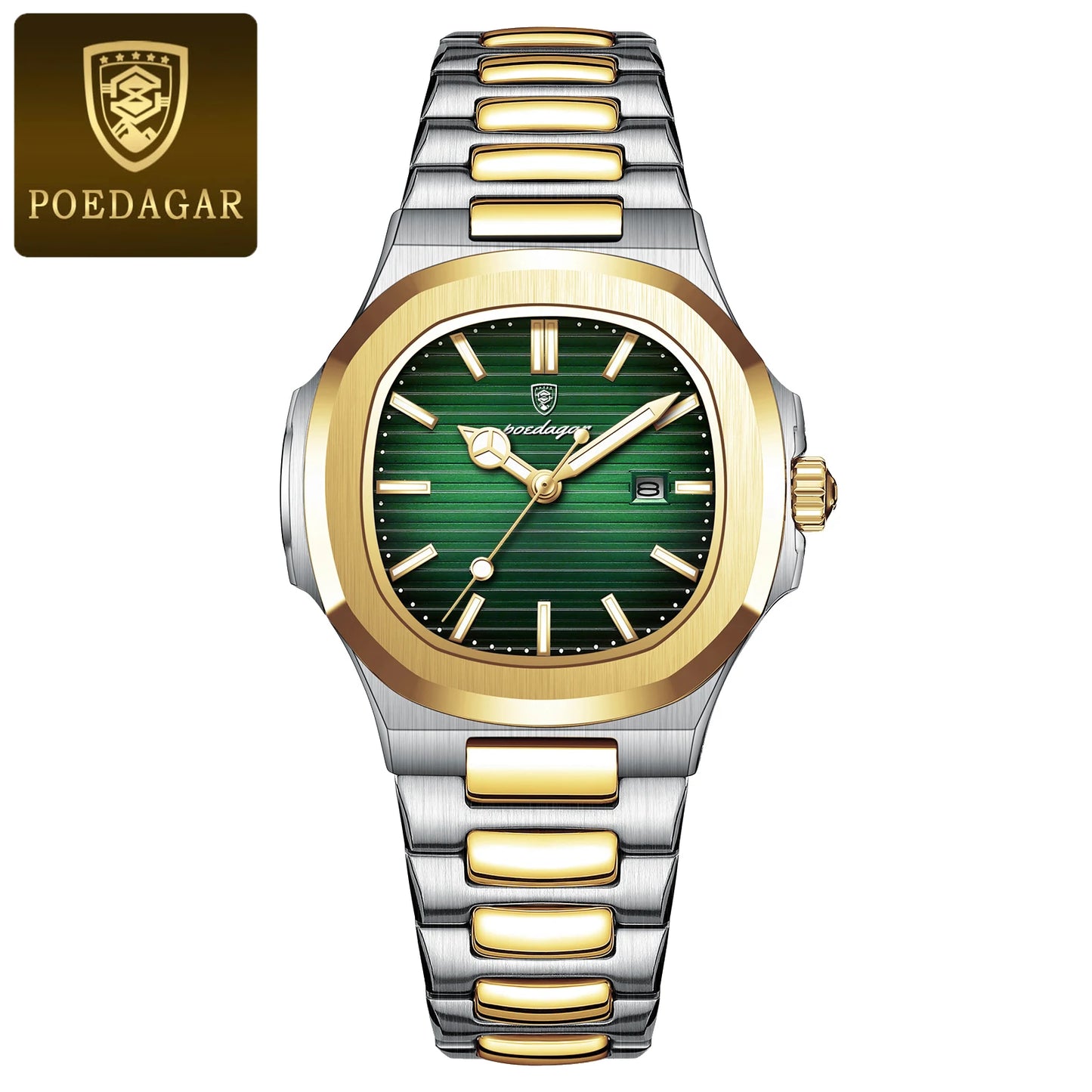 POEDAGAR Luxury Square Watch for Ladies Waterproof, Luminous, Date, Stainless Steel Quart.