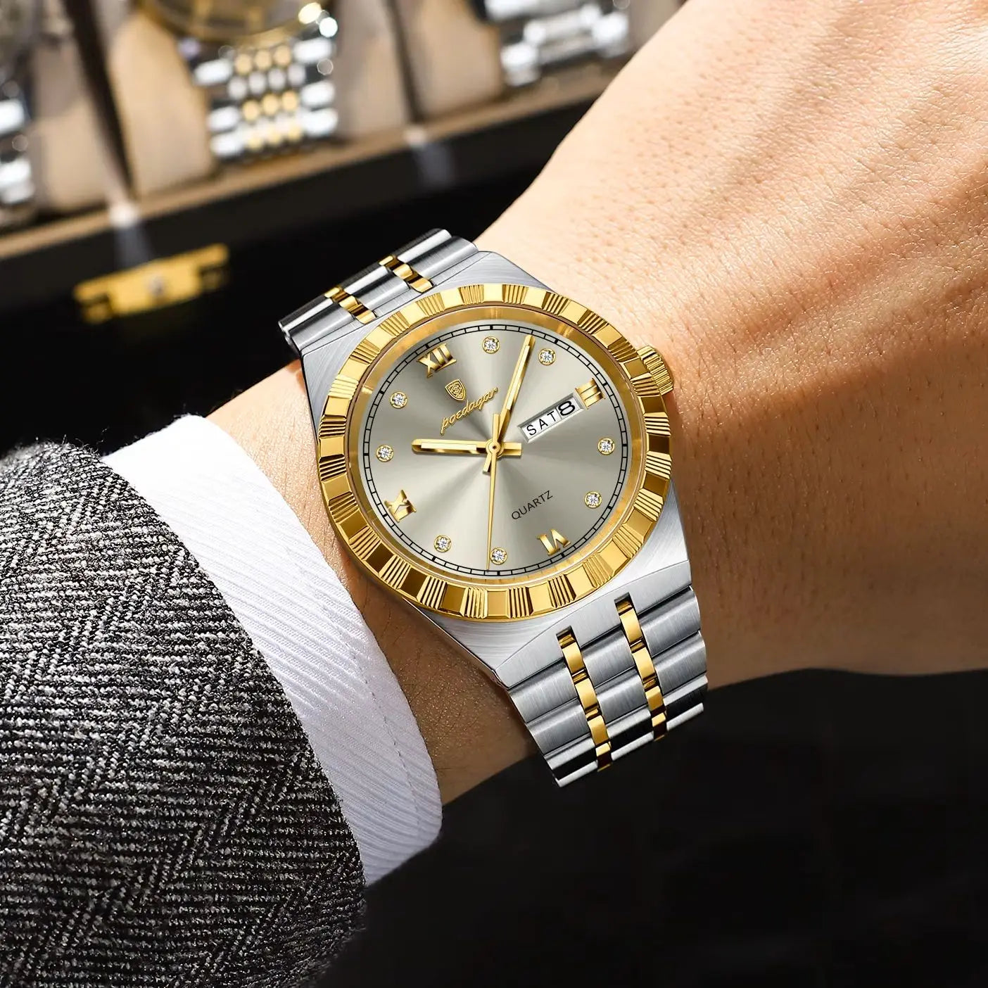 POEDAGAR Original Military Man Wristwatch Quartz Week, Date, Waterproof, Luminous Stainless Steel.