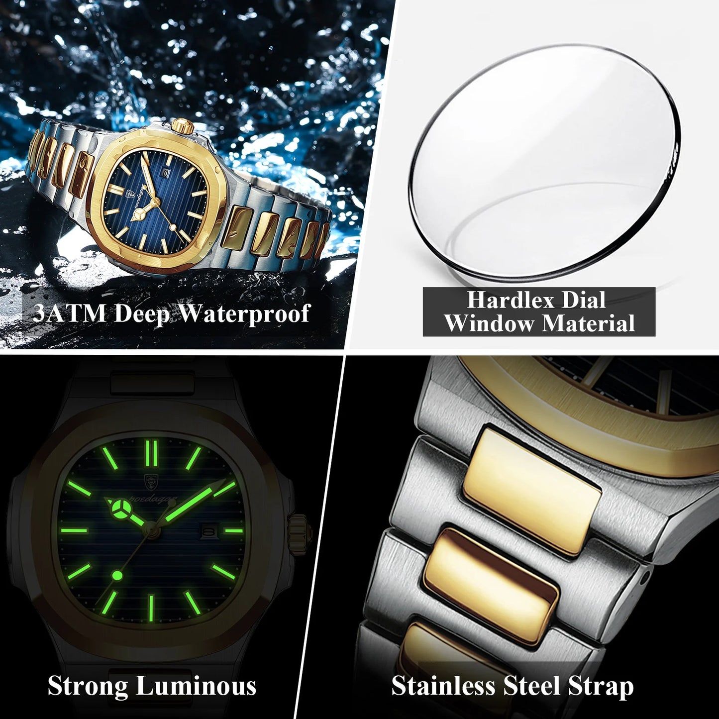 POEDAGAR Luxury Square Watch for Ladies Waterproof, Luminous, Date, Stainless Steel Quart.