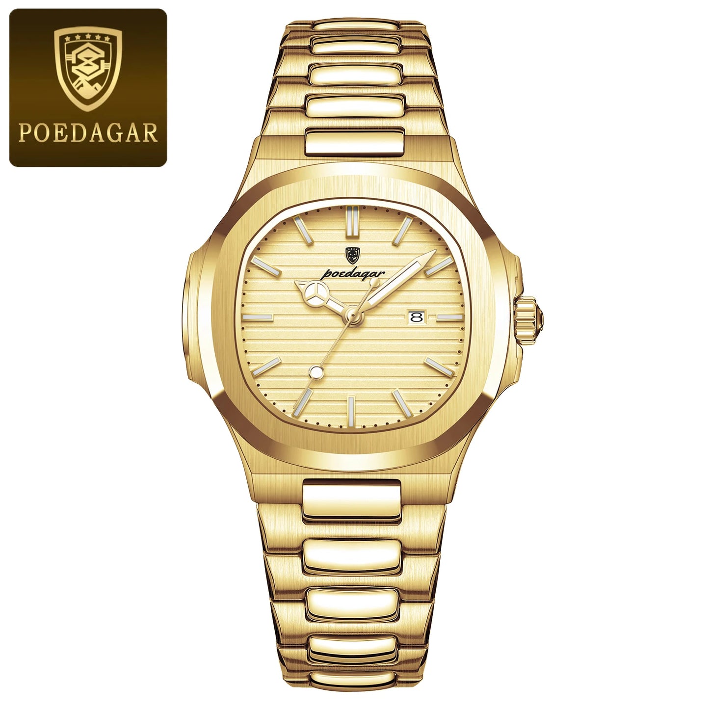 POEDAGAR Luxury Square Watch for Ladies Waterproof, Luminous, Date, Stainless Steel Quart.