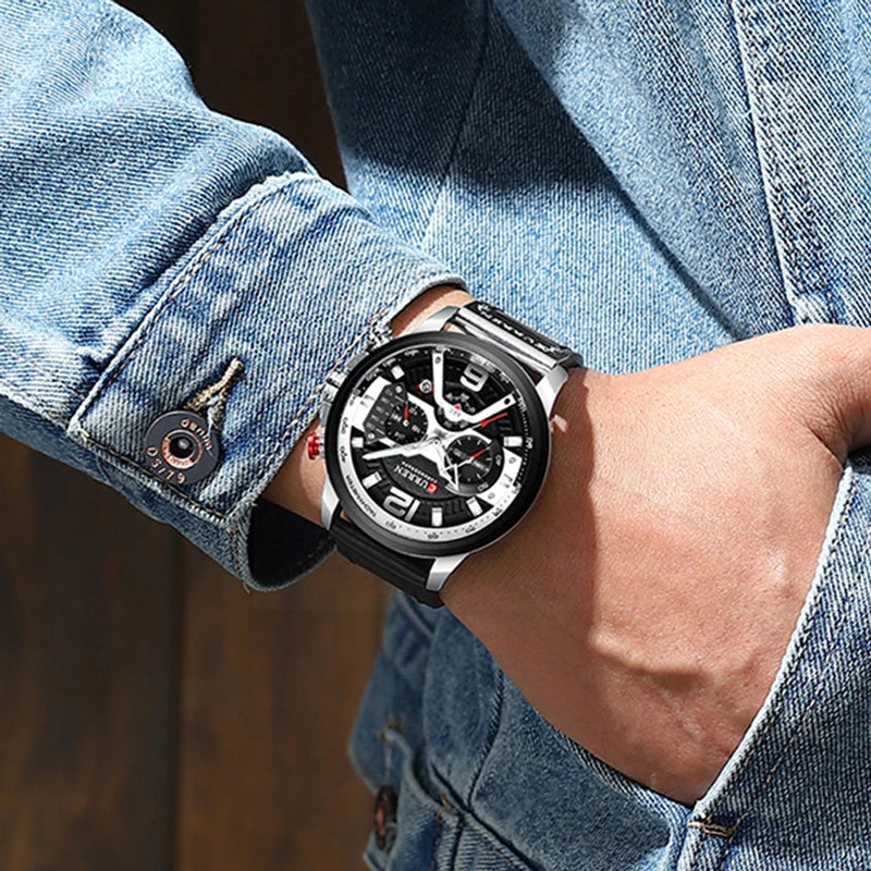 CURREN Casual Sport Watch for Men, Luxury Military Leather Chronograph Wristwatch