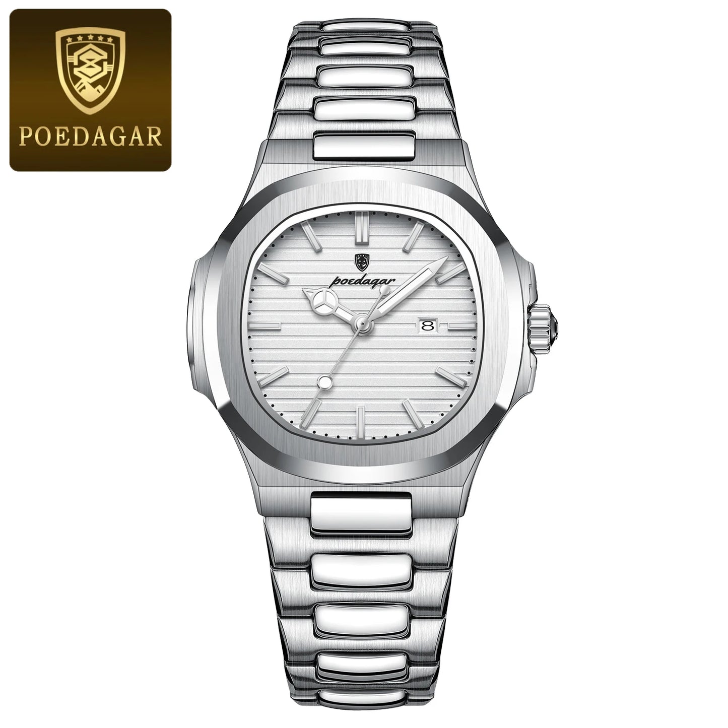 POEDAGAR Luxury Square Watch for Ladies Waterproof, Luminous, Date, Stainless Steel Quart.