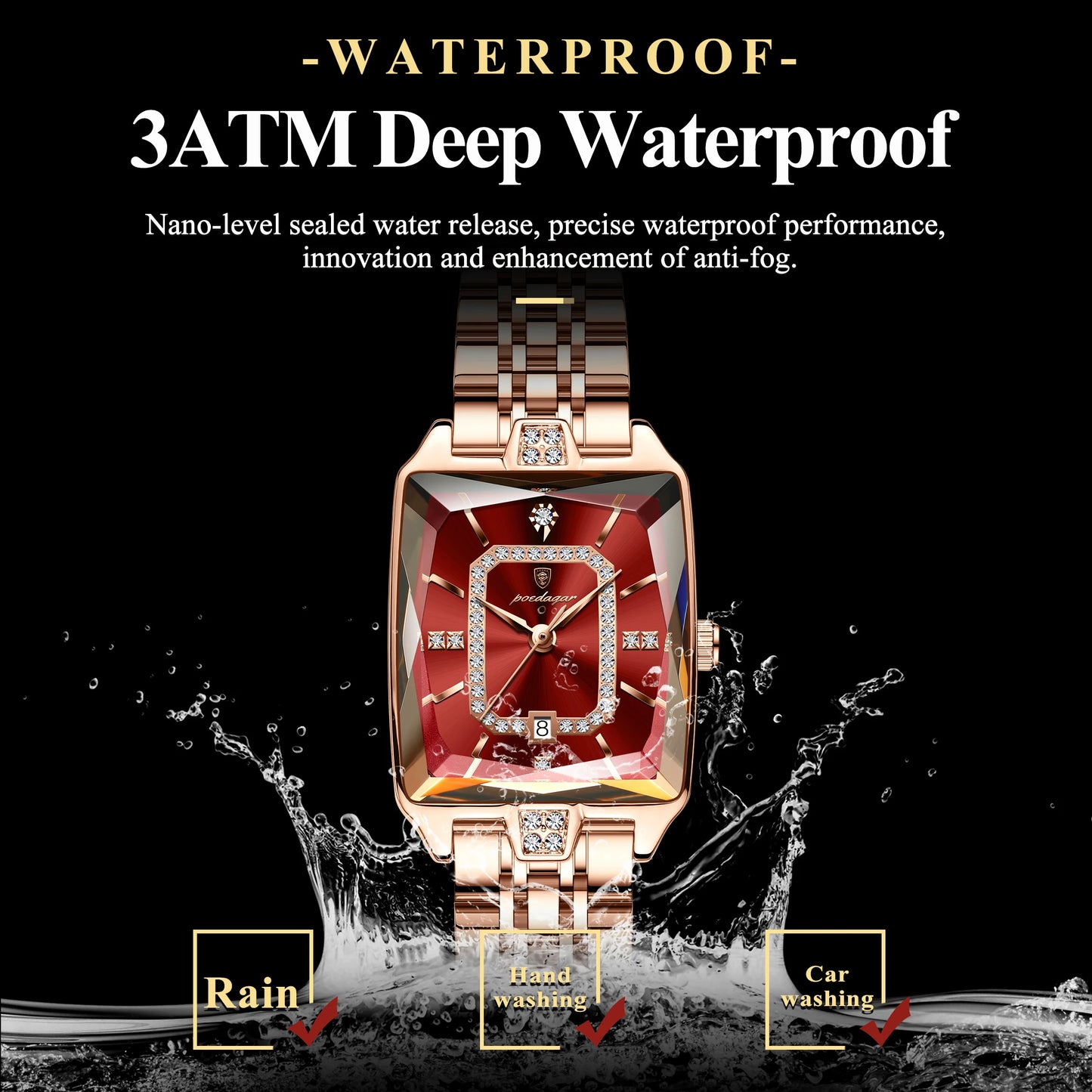 POEDAGAR Top Elegant Women Wristwatch Waterproof, Date, Stainless Steel Rectangle Quartz.