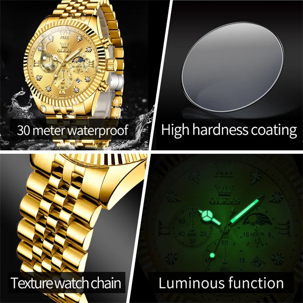 OLEVS High Watch Classic Lunar Phase Chronograph Waterproof Watch Luxury Quartz