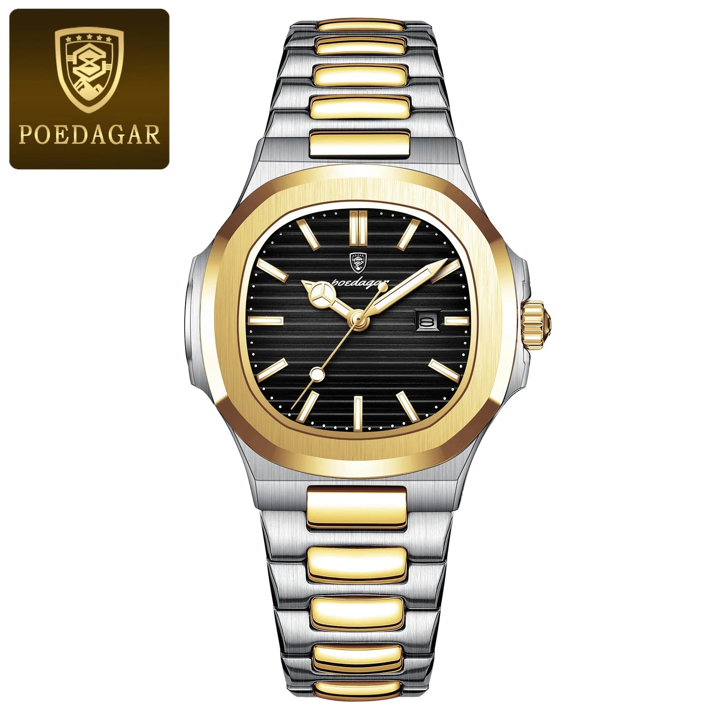 POEDAGAR Luxury Square Watch for Ladies Waterproof, Luminous, Date, Stainless Steel Quart.