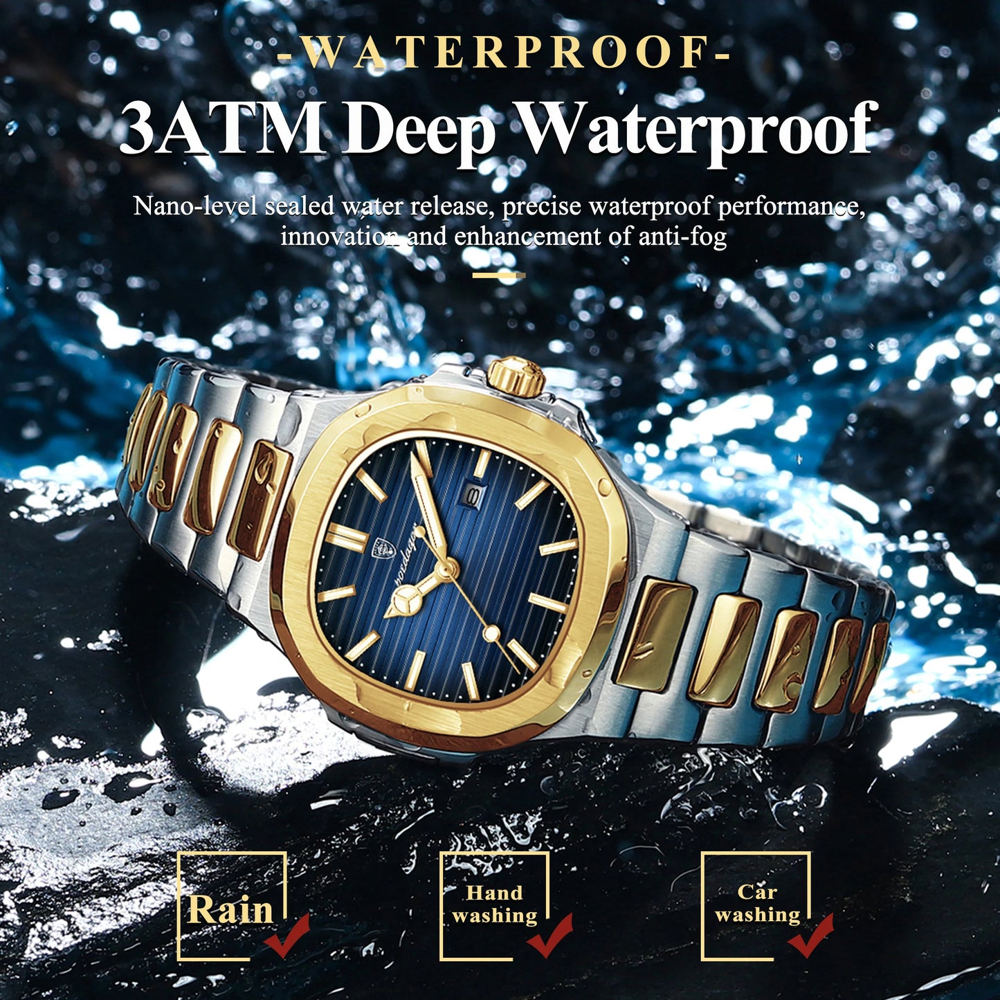 POEDAGAR Luxury Square Watch for Ladies Waterproof, Luminous, Date, Stainless Steel Quart.