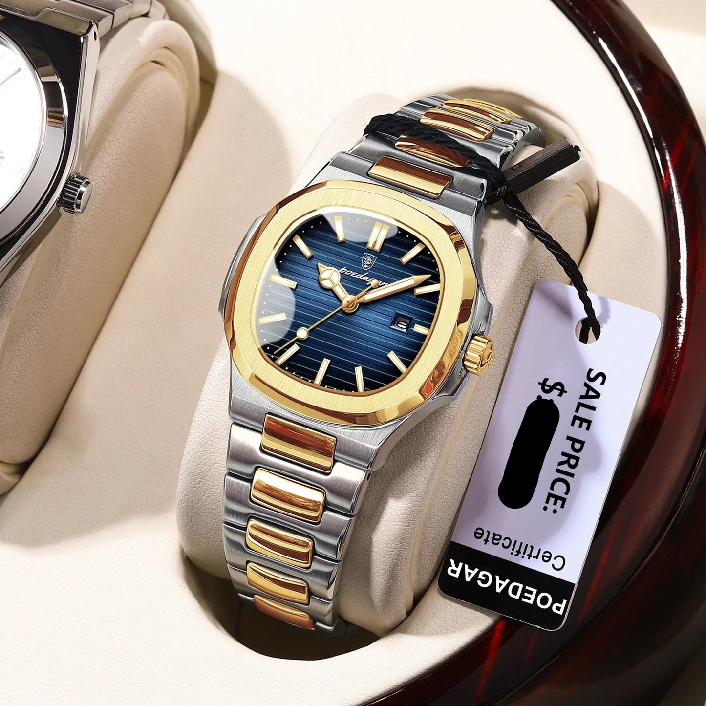 POEDAGAR Luxury Square Watch for Ladies Waterproof, Luminous, Date, Stainless Steel Quart.